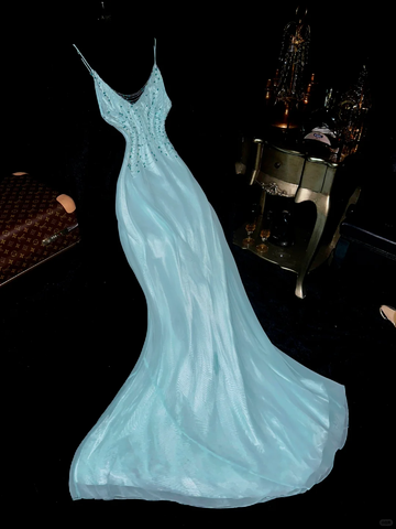 Blue Mermaid V Neck Beaded Chiffon Satin Long Prom Dress Party Dress HZ1023